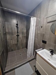 a bathroom with a shower and a sink at Gardenvillage house in Daržininkai