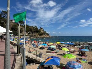 a group of people on a beach with a green flag at Casa de Mar in Lloret de Mar