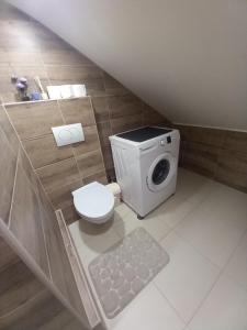 a bathroom with a toilet and a washing machine at Apartman Martinović in Županja +5 photos