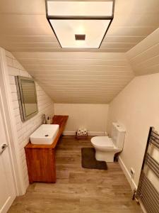 a bathroom with a sink and a toilet and a mirror at Cosy stay within South Downs! in Southampton
