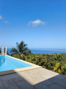 a swimming pool with the ocean in the background at Gîte des voyageurs in Vieux-Habitants