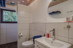 a bathroom with a sink and a toilet and a mirror at Adlerhorst in Bad Wörishofen