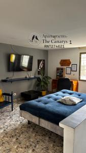 a bedroom with a large blue bed and a tv at apartamento thecanarys 1 in Santa Rosa de Cabal