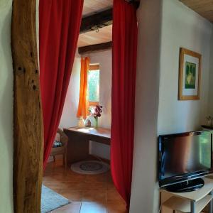 a living room with red curtains and a television at Ferienwohnung Willkommen in Seesen