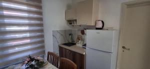 a small kitchen with a white refrigerator and a table at Apartman DMD in Bijelo Polje