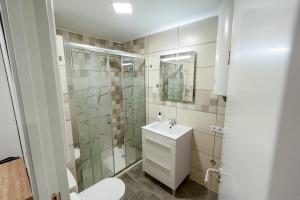 a bathroom with a toilet and a shower and a sink at Mountain Home in La Pinilla