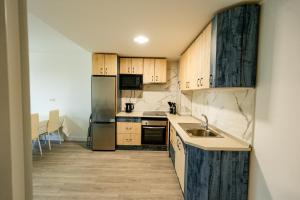 a kitchen with wooden cabinets and stainless steel appliances at Mountain Home in La Pinilla +4 photos