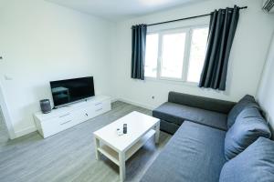 a living room with a couch and a tv at Mountain Home in La Pinilla