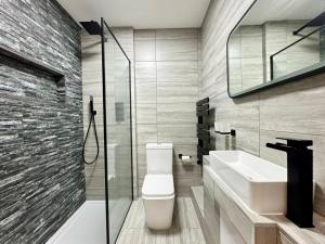a bathroom with a toilet and a sink and a mirror at West Cliff Studio - Private Garden mins from Beach in Bournemouth +10 photos