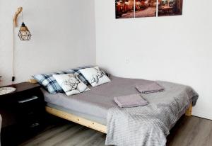 a bed in a small room with at Ciemos pie Ingas Sedā in Seda