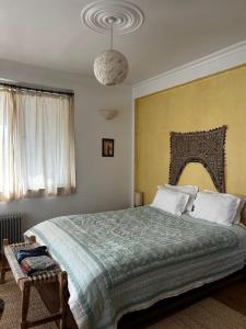 a bedroom with a large bed and a chandelier at Samadhi House in Burhānilkantha