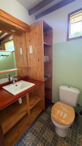a bathroom with a toilet and a sink at Vai Hea Lodge in Taputapuapea