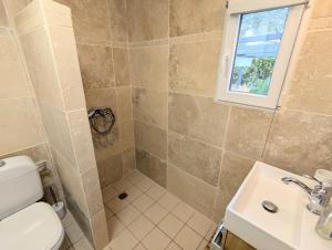 a bathroom with a shower and a toilet and a sink at Gîte La Clef du Sud - Cosy 4 pers, parking gratuit, EuroVelo 8 in Salernes