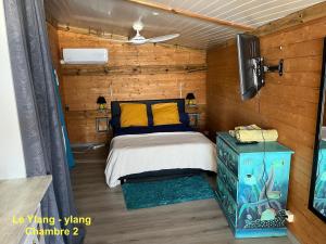 a bedroom with a bed and a television in it at Le Cannelle in Saint-Pierre