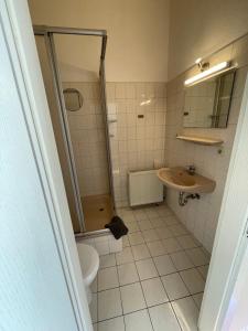 a bathroom with a toilet and a sink and a shower at Pension am Markt Luckenwalde in Luckenwalde