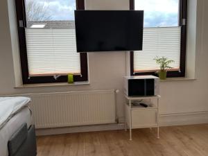 a bedroom with a tv and a bed and two windows at Ferienwohnung, Apartment Schwertherz in Wulfsen