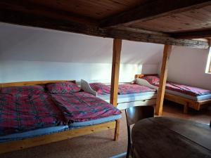 a bedroom with two beds and a table in it at Chalupa Rumovka in Ostružná