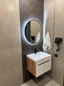 a bathroom with a sink and a mirror at Ralina Restaurant and Hotel in Davalinskiy Tsemzavod +19 photos