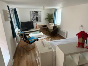 a small living room with a bed and a couch at Maison atypique Alsacienne in Kintzheim