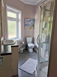 a bathroom with a toilet and a sink and a shower at Arrochoile in Balmaha +12 photos