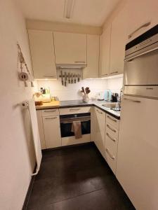 a kitchen with white cabinets and a stove top oven at Layla's in Zermatt