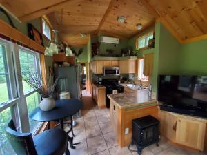 a kitchen with green walls and wooden cabinets and a table at Bison Farm - Cabin "Vieja" in Culpeper