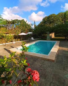 a swimming pool in a yard with flowers at Casa com piscina em Aldeia in Camaragibe