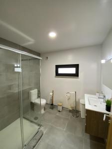 a bathroom with a shower and a toilet and a sink at Casa Rodrigues in Terras de Bouro