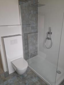a bathroom with a toilet and a glass shower at Stadtlounge Norden in Norden +20 photos