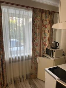 a small kitchen with a window with a microwave at Апартамент студия in Khmelnytskyi