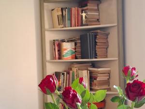 a book shelf filled with books next to a vase with roses at Pokoje u Wojciecha in Tylmanowa