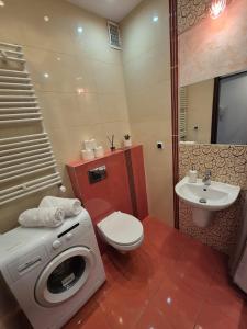 a bathroom with a washing machine and a sink at Serce Suwałk in Suwałki +4 photos