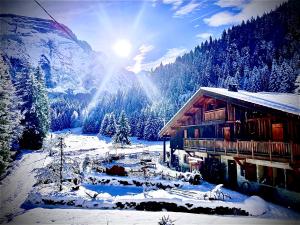 a log cabin in the snow next to a mountain at Aux lits du bronze Le mole in Mont-Saxonnex