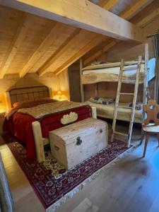 a bedroom with two bunk beds and a chair at Aux lits du bronze Le mole in Mont-Saxonnex