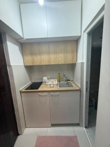 a small kitchen with a sink and a counter at Moderan Studio na Trgu Republike - Centar in Podgorica