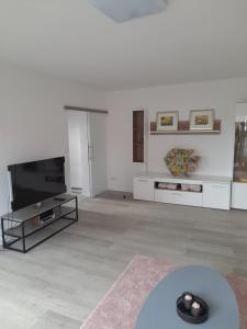 a living room with a large flat screen tv at Stadtlounge Norden in Norden