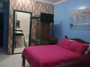 a bedroom with a pink bed and a mirror at Hostel e pousada paz e benção in Mossoró