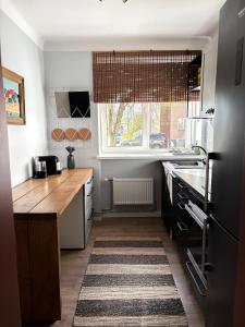 a kitchen with a counter and a sink and a window at Sigulda center apartments in Sigulda +10 photos