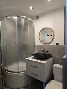 a bathroom with a shower and a sink at Apatrament Jagielońska in Legnica