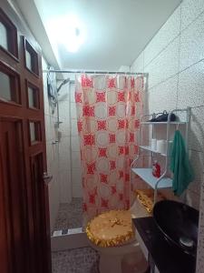 a bathroom with a toilet and a shower at Amazing views PISAQ in Pisac +14 photos
