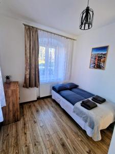 a bedroom with a bed and a large window at Apartament Kris in Wałbrzych