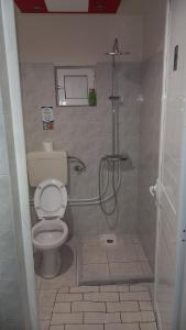 a bathroom with a toilet and a shower at House Marios airport 3 in Spata
