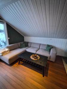 a living room with a couch and a coffee table at Arctic Sea house in Svensby