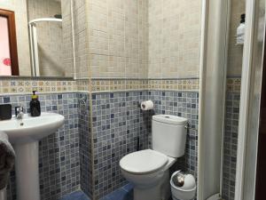 a blue tiled bathroom with a toilet and a sink at Centro Histórico de Málaga in Málaga +9 photos