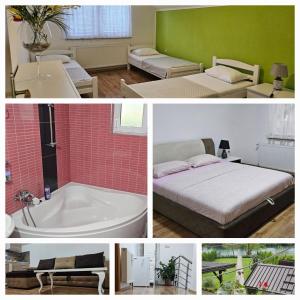 a collage of pictures of a room with a bed and a bath tub at Azul in Bihać
