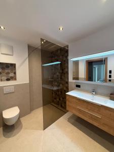 a bathroom with a sink and a toilet and a mirror at Apartment Kirchfeld in Aurach bei Kitzbuhel