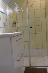 a bathroom with a shower and a sink at Willa Wisełka in Wisła