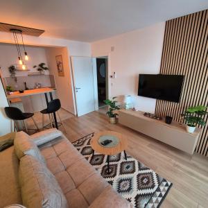 a living room with a couch and a flat screen tv at Aura Apartment FREE PARKING in Brčko