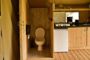 a small bathroom with a toilet and a stove at Camping de Haas in Wolphaartsdijk
