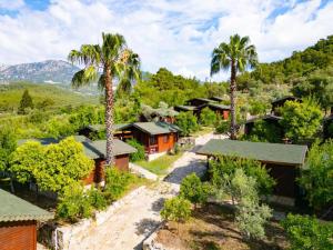 an aerial view of a village with palm trees and houses at arzum bungalovs in Kumluca
